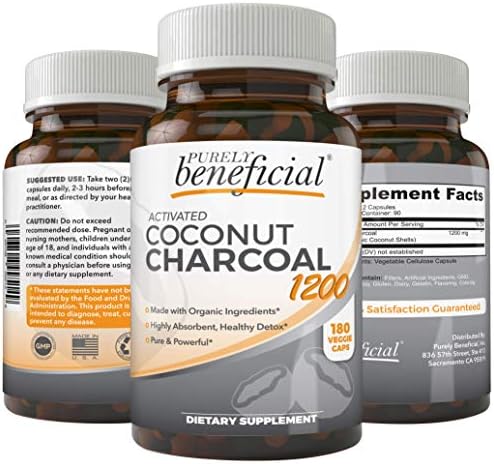 Carbón Activado de Coco PURELY Beneficial 1200mg, 180 Cápsulas - Suplemento Vegano para el Sistema Digestivo y la Inflamación (1 botella) - imagen 1