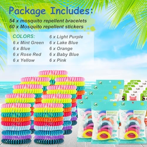 54 Pulseras Repelentes de Mosquitos Sin DEET + 60 Parches Antimosquitos para Niños y Adultos, Ideal para Camping, Pesca y Viajes - imagen 3