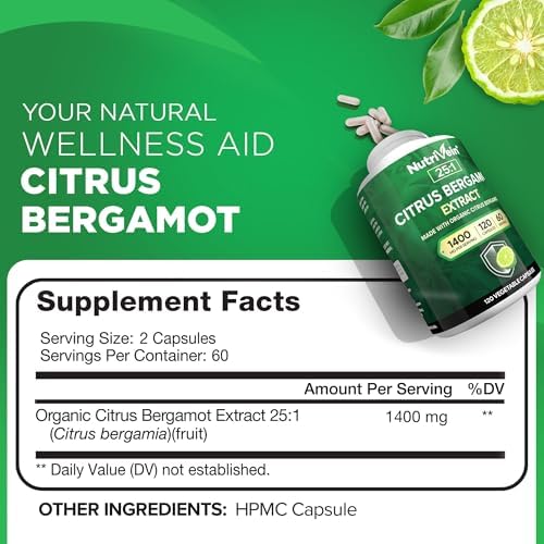 Suplemento Premium de Bergamota Cítrica Nutrivein 1400mg 25:1 Extracto de Bergamia - 60 Días (120 Cápsulas) - Potente Bergamota Italiana para el - imagen 2