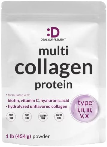 Proteína en Polvo de Colágeno Múltiple, 1Lb - Colágeno Tipo I, II, III, V, X con Biotina 10000mcg, Vitamina C y Ácido Hialurónico - Sin Sabor - Ideal - imagen 1