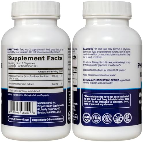 Dr. Maxwell Suplemento de Fosfatidilserina y Bacopa Monnieri 300mg, Sin Rellenos, Libre de Soja, 120 Cápsulas, Apoyo a la Memoria - imagen 2
