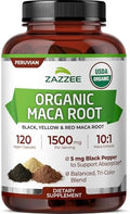 Zazzee Extracto de Raíz de Maca Orgánica USDA 10:1, Rojo, Negro y Amarillo, 1500 mg por Porción, 120 Cápsulas Veganas, Apoyo Energético y de - imagen 1