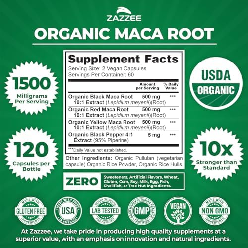 Zazzee Extracto de Raíz de Maca Orgánica USDA 10:1, Rojo, Negro y Amarillo, 1500 mg por Porción, 120 Cápsulas Veganas, Apoyo Energético y de - imagen 3