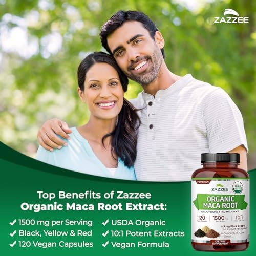 Zazzee Extracto de Raíz de Maca Orgánica USDA 10:1, Rojo, Negro y Amarillo, 1500 mg por Porción, 120 Cápsulas Veganas, Apoyo Energético y de - imagen 4
