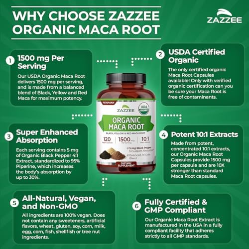 Zazzee Extracto de Raíz de Maca Orgánica USDA 10:1, Rojo, Negro y Amarillo, 1500 mg por Porción, 120 Cápsulas Veganas, Apoyo Energético y de - imagen 7