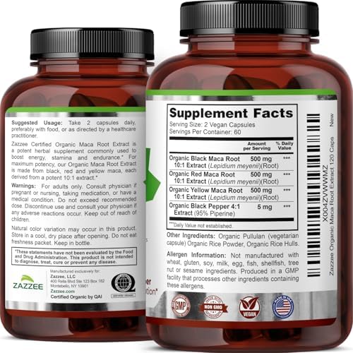 Zazzee Extracto de Raíz de Maca Orgánica USDA 10:1, Rojo, Negro y Amarillo, 1500 mg por Porción, 120 Cápsulas Veganas, Apoyo Energético y de - imagen 8