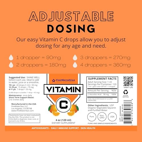 Vitamina C Líquida - 4oz - 120 Porciones - Orgánica, No GMO - Adultos y Niños - 99% Ácido Ascórbico Puro - Gotas de Vitamina C - Soporte - imagen 6
