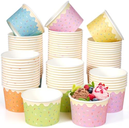 Hallswl 100 piezas de tazones desechables de papel para helado de 11 oz, 5 colores de chispas, recipientes para postres, yogur helado y fiestas de - imagen 1