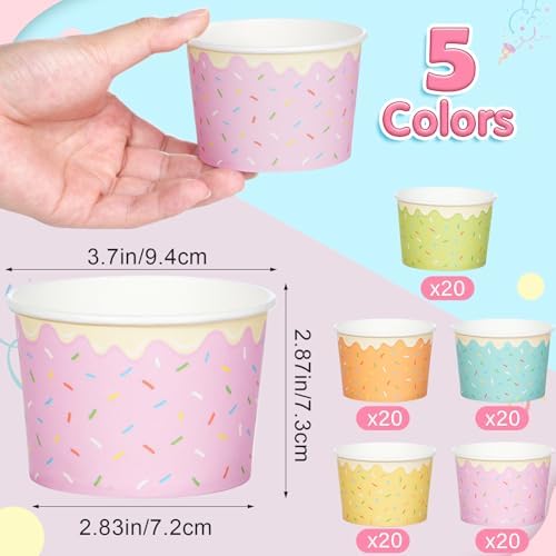 Hallswl 100 piezas de tazones desechables de papel para helado de 11 oz, 5 colores de chispas, recipientes para postres, yogur helado y fiestas de - imagen 2