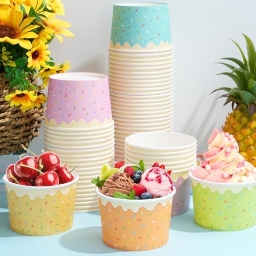 Hallswl 100 piezas de tazones desechables de papel para helado de 11 oz, 5 colores de chispas, recipientes para postres, yogur helado y fiestas de - imagen 4