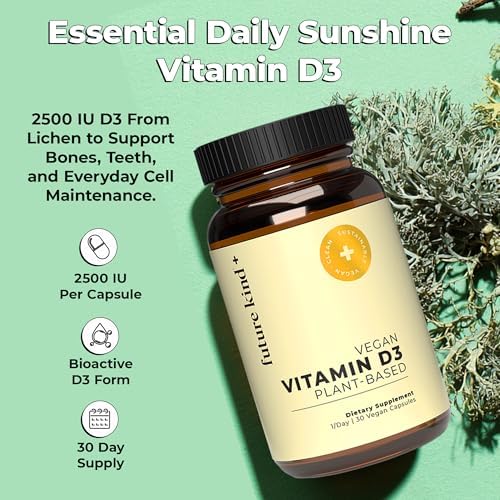 Future Kind Vitamina D3 2500 IU para Huesos y Músculos, Suplemento Vegano de Lichens, No GMO, Sin Azúcar, 30 Cápsulas - imagen 2