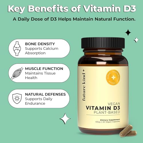 Future Kind Vitamina D3 2500 IU para Huesos y Músculos, Suplemento Vegano de Lichens, No GMO, Sin Azúcar, 30 Cápsulas - imagen 3