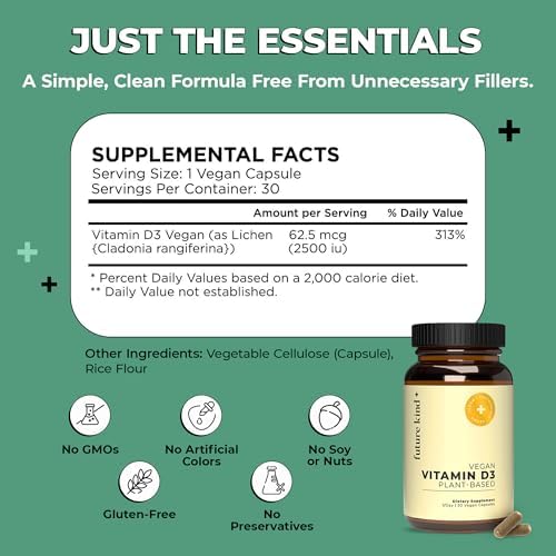 Future Kind Vitamina D3 2500 IU para Huesos y Músculos, Suplemento Vegano de Lichens, No GMO, Sin Azúcar, 30 Cápsulas - imagen 6