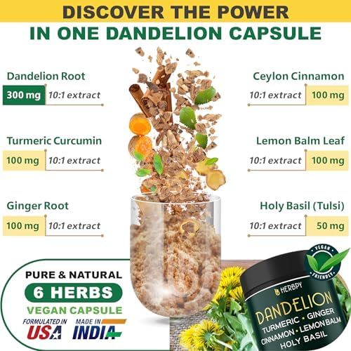 Suplemento de Raíz de Diente de León Herbpy 7500mg 6 en 1 para Digestión, Salud del Corazón e Inmunidad - Mezcla con Jengibre, Cúrcuma, Canela de - imagen 2