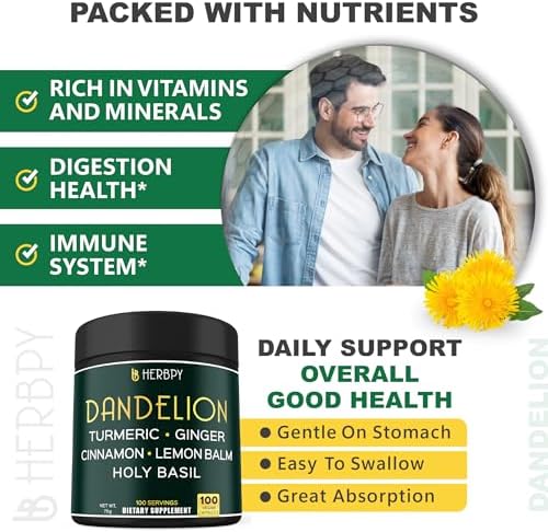 Suplemento de Raíz de Diente de León Herbpy 7500mg 6 en 1 para Digestión, Salud del Corazón e Inmunidad - Mezcla con Jengibre, Cúrcuma, Canela de - imagen 3