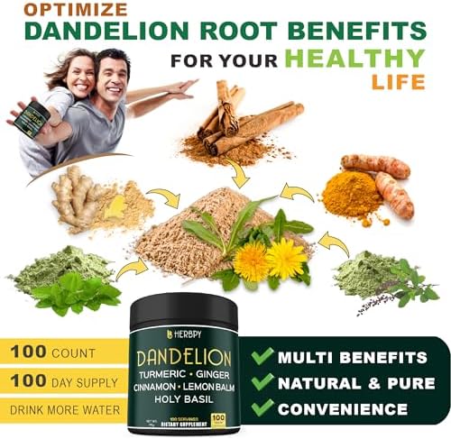 Suplemento de Raíz de Diente de León Herbpy 7500mg 6 en 1 para Digestión, Salud del Corazón e Inmunidad - Mezcla con Jengibre, Cúrcuma, Canela de - imagen 4