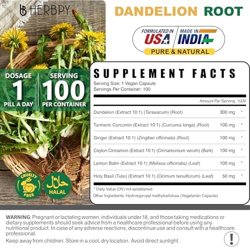 Suplemento de Raíz de Diente de León Herbpy 7500mg 6 en 1 para Digestión, Salud del Corazón e Inmunidad - Mezcla con Jengibre, Cúrcuma, Canela de - imagen 6