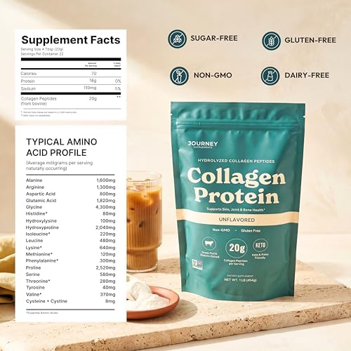 Journey Supplements Polvo de Péptidos de Colágeno Sin Sabor, 1 lb – Apoya la Salud del Cabello, Piel, Uñas, Huesos y Articulaciones – Hidrolizado, - imagen 8