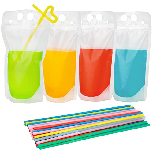 Tomnk 200 Piezas de Bolsas para Bebidas con 200 Popotes, Bolsas Reutilizables de Plástico Translúcido para Jugos y Smoothies - imagen 1