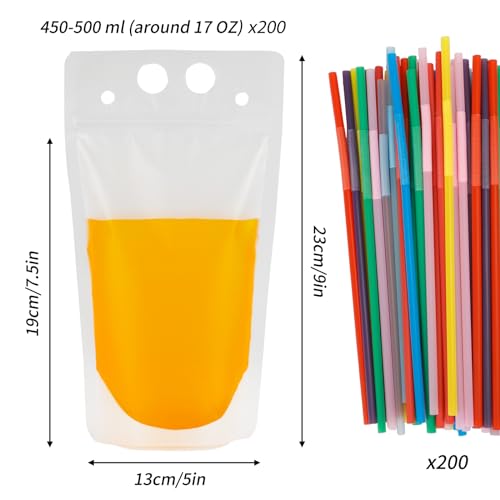Tomnk 200 Piezas de Bolsas para Bebidas con 200 Popotes, Bolsas Reutilizables de Plástico Translúcido para Jugos y Smoothies - imagen 2