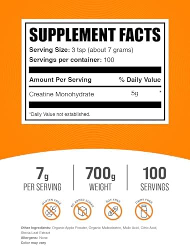 Creatina Monohidratada en Polvo BulkSupplements.com - Suplemento Sabor Manzana Verde Ácida, 7g por Porción, 700g (1.5 lbs) - imagen 2