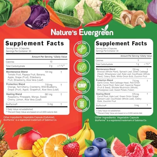 Suplemento de Frutas y Verduras - Nature Fruits y Vegetables - Vegano, Sin OGM, Sin Soja, Vitaminas y Minerales Superfood - (Total 180 Cápsulas - - imagen 2