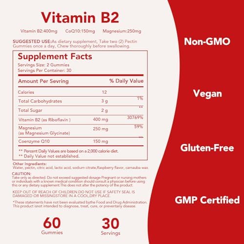 Gomitas de Vitamina B2 Ourui 400mg | Riboflavina 400mg con CoQ10 150mg y Magnesio 200mg | Salud Nerviosa y de la Piel | 60 Gomas Veganas (Paquete de - imagen 5