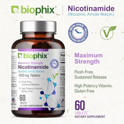 Biophix B-3 Nicotinamida 1000 mg 60 Tabletas Extra Fuertes de Liberación Prolongada - Fórmula Natural Sin Enrojecimiento que Apoya la Salud de las - imagen 2