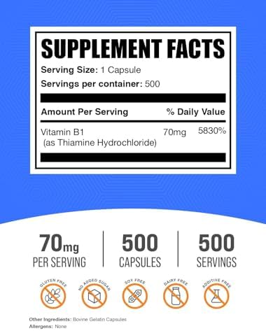 Cápsulas de Tiamina HCl de BulkSupplements.com - Suplementos de Vitamina B1, Sin Gluten, 1 Cápsula por Porción, 500 Contenidos (Paquete de 1) - imagen 2