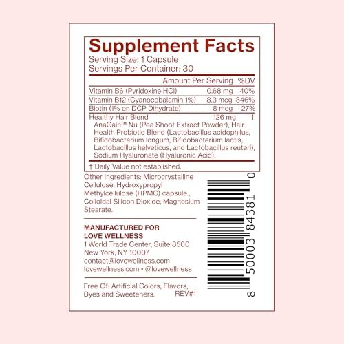 Love Wellness Probioticos para Cabello Saludable | Apoya el Crecimiento Capilar con Biotina y Vitaminas B12 y B6 | Suplemento para un Cuero Cabelludo - imagen 7