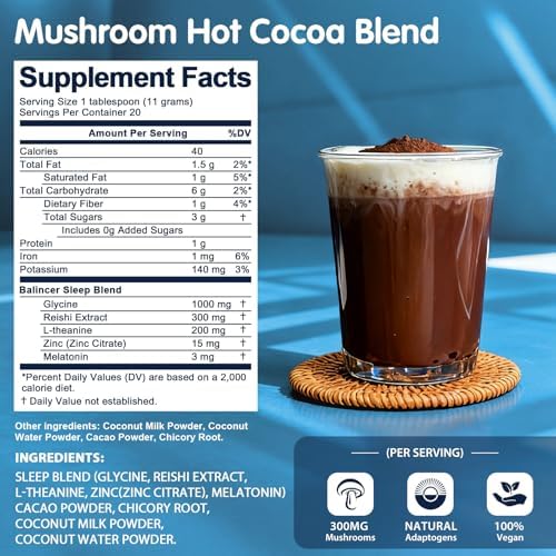 Polvo de Cacao Caliente Balincer con Hongos, Suplemento para Dormir con Reishi, Melatonina, Glicina, L-Teanina, 20 Porciones, Vegano - imagen 2
