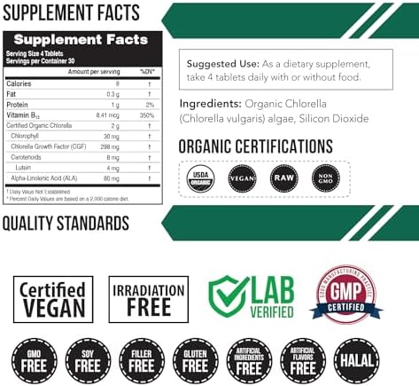 Chlorella Orgánica: 3 Certificaciones Orgánicas – Forma de Pared Celular Rota, Alga Verde Azul - Cruda, Cultivada al Sol, No Irradiada, Máximo - imagen 2