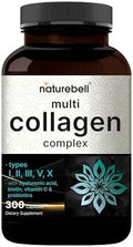 NatureBell Complejo Multi Colágeno - 300 Cápsulas - 5 Péptidos de Colágeno (Tipo I, II, III, V, X), Ácido Hialurónico, Biotina y Probióticos - Apoyo - imagen 1
