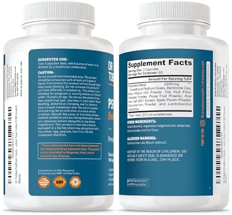 Dr. Tobias Psyllium Daily, Suplemento de Fibra Diaria con Cáscara de Psyllium, Arcilla Bentonita y Semilla de Lino, 180 Cápsulas para la Salud - imagen 6