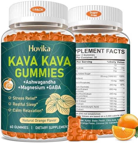Gomitas Hovika Kava Kava - Extracto de raíz de Kava con Ashwagandha, GABA y Magnesio para Relajación, Sueño y Apoyo al Estrés - Sin Azúcar, Naranja, - imagen 1