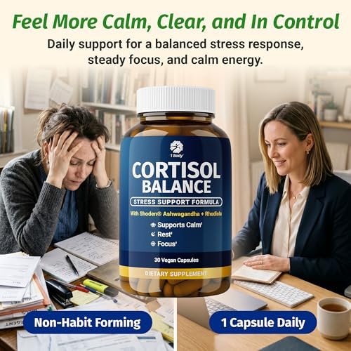 1 Body Soporte de Cortisol para Mujeres y Hombres – Ashwagandha, Fosfatidilserina y Azafrán – Alivio del Estrés, Ánimo Calmado, Energía Balanceada y - imagen 2