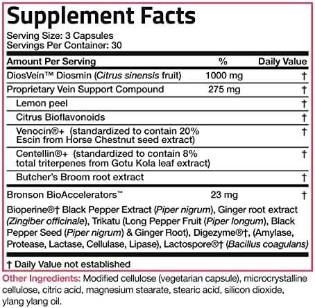 Bronson VeinAid Diosmin 1000mg - Complejo para Venas Varicosas con Venocin y Centellin, 90 Cápsulas Vegetarianas - imagen 6