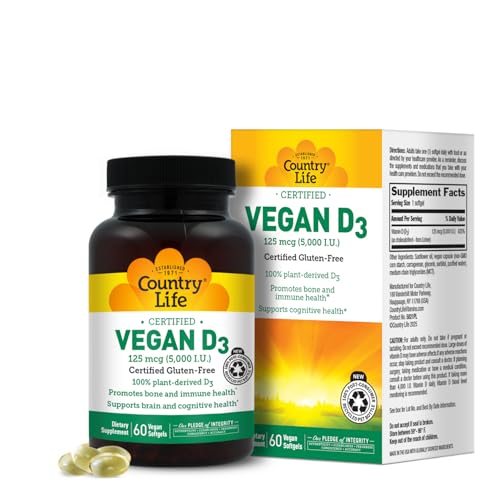 Country Life D3 Vegano 5000 IU – Vitamina D3 de origen vegetal a partir de líquenes – Vegano certificado, sin gluten, no OGM – 60 cápsulas blandas - imagen 1
