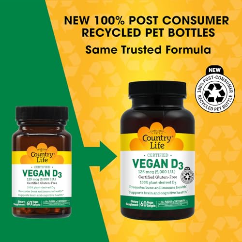 Country Life D3 Vegano 5000 IU – Vitamina D3 de origen vegetal a partir de líquenes – Vegano certificado, sin gluten, no OGM – 60 cápsulas blandas - imagen 3