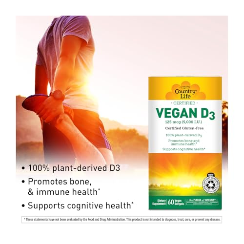 Country Life D3 Vegano 5000 IU – Vitamina D3 de origen vegetal a partir de líquenes – Vegano certificado, sin gluten, no OGM – 60 cápsulas blandas - imagen 6