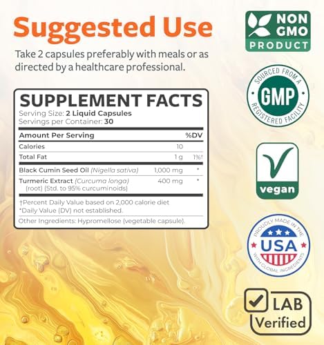 Cápsulas de Aceite de Semilla Negra Prensado en Frío - Suplemento Vegano No GMO de Nigella Sativa con Extracto de Cúrcuma para Movilidad y Soporte - imagen 4