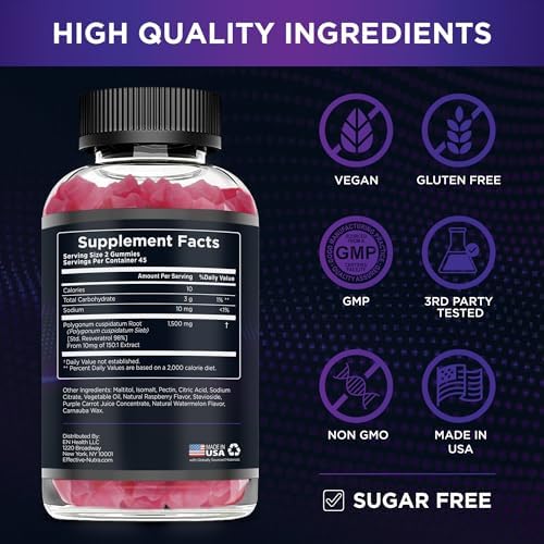 Gomitas de Resveratrol Effective Nutra 1500mg – Suplemento Antioxidante Sin Azúcar para la Salud del Corazón, Inmunidad y Cerebro – Veganas, No GMO, - imagen 5