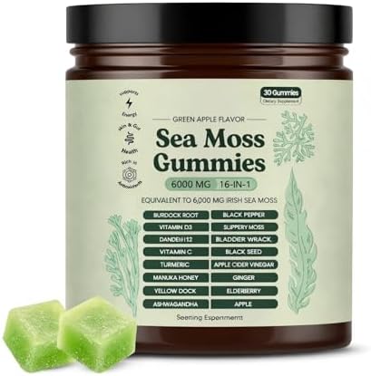 Gomitas de Musgo Marino, Mezcla Botánica 16 en 1 con Aceite de Semilla Negra, Ashwagandha, Bladderwrack y Saúco, Sabor Manzana Verde, 1 paquete. - imagen 1