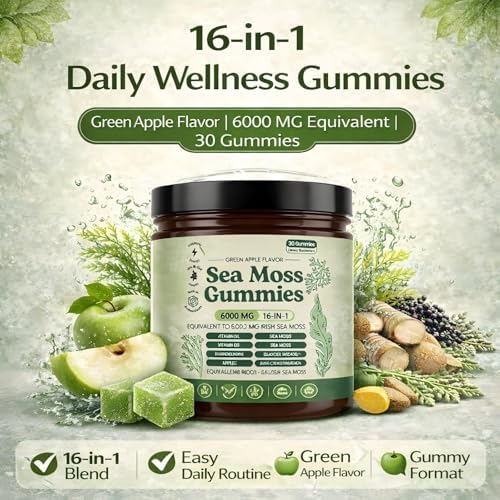 Gomitas de Musgo Marino, Mezcla Botánica 16 en 1 con Aceite de Semilla Negra, Ashwagandha, Bladderwrack y Saúco, Sabor Manzana Verde, 1 paquete. - imagen 3