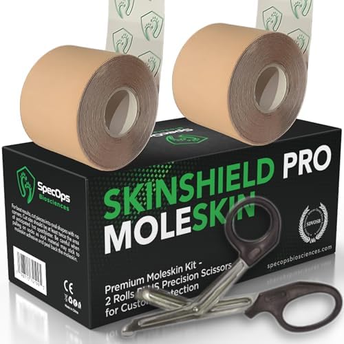 Moleskin Atlética para Prevención de Ampollas, Paquete de 2 Rollos SkinShield Pro (32 pies) con Tijeras de Trauma de Regalo - imagen 1