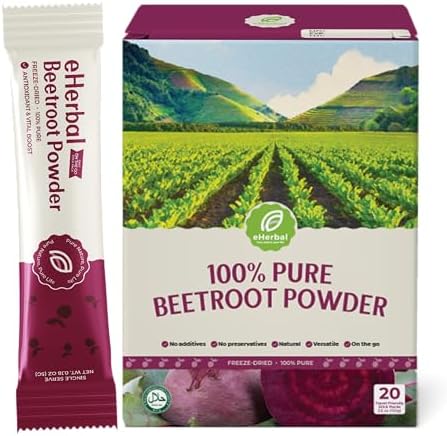 eHerbal Polvo de Remolacha 100% Natural Liofilizado en Paquetes, Jugo de Remolacha para Presión Alta, Aumenta Energía, 20 Stickbags Sin OGM - imagen 1