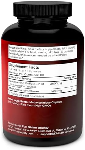 Suplemento de Glucosamina Sulfato Divine Bounty (2000mg por porción) con MSM - 240 cápsulas vegetarianas pequeñas - Sin mariscos ni aditivos dañinos - imagen 2