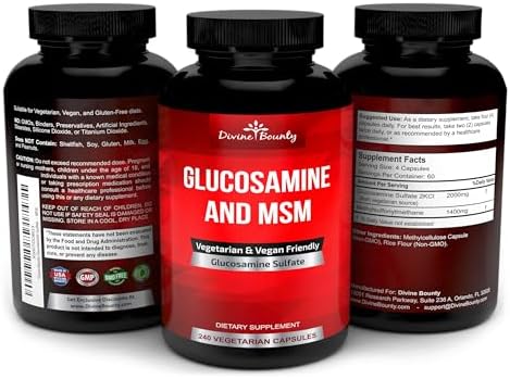 Suplemento de Glucosamina Sulfato Divine Bounty (2000mg por porción) con MSM - 240 cápsulas vegetarianas pequeñas - Sin mariscos ni aditivos dañinos - imagen 4