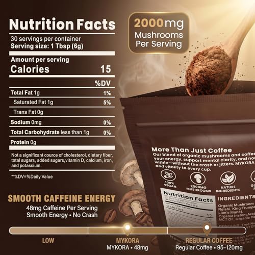 Café de Hongo 2000mg, Café Instantáneo Orgánico con 6 Hongos Adaptógenos (Melena de León y Cola de Pavo), con Aceite MCT y Coco, 30 Porciones para - imagen 2