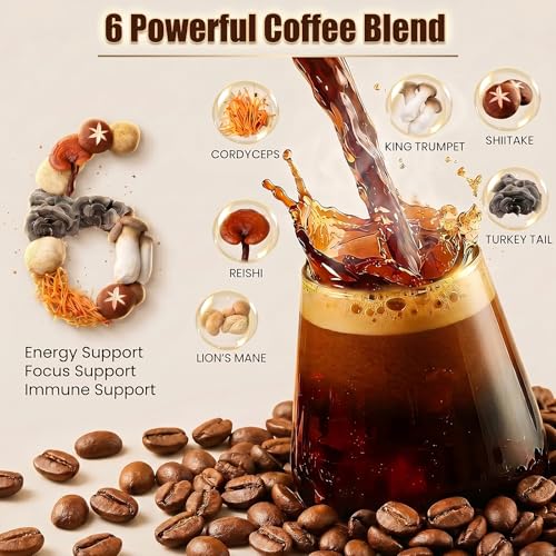 Café de Hongo 2000mg, Café Instantáneo Orgánico con 6 Hongos Adaptógenos (Melena de León y Cola de Pavo), con Aceite MCT y Coco, 30 Porciones para - imagen 3